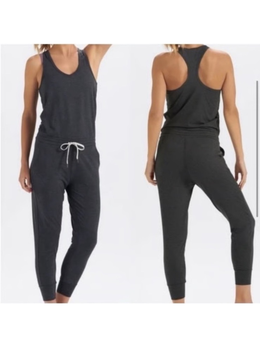 Vuori Lux Jumpsuit racerback tank romper drawstring waist jogger charcoal Heathe